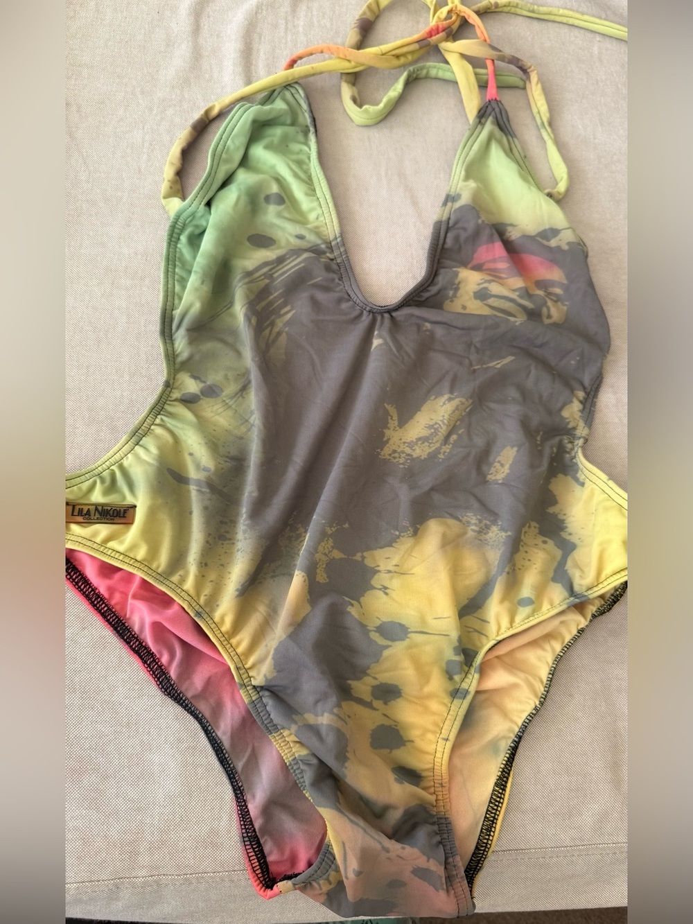 Lila Nikole women’s Tie-Dye One-Piece Swimsuit in Green and Yellow large
